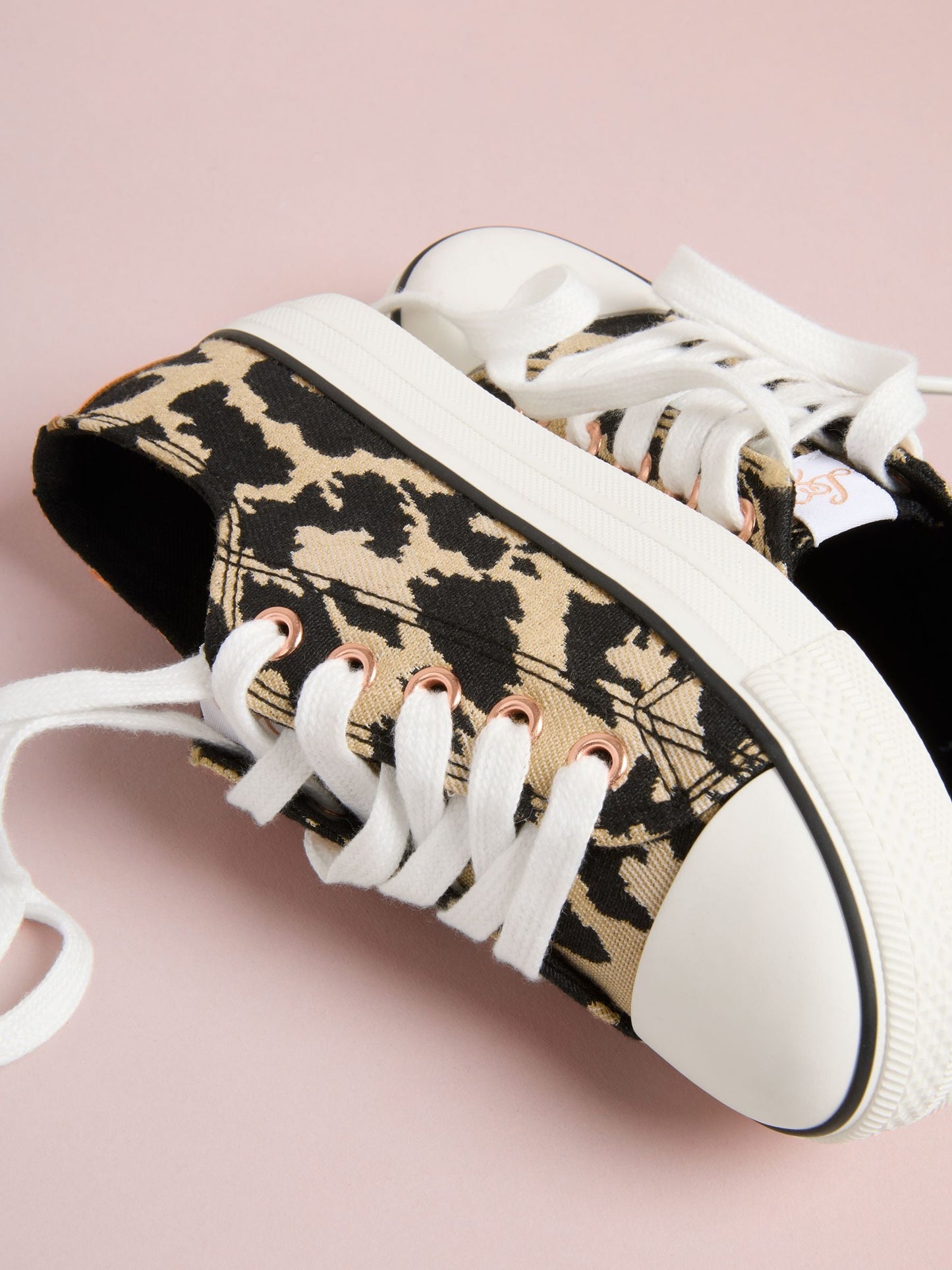Lipsy Neutral Leopard Print Low Top Lace-Up Canvas Baseball Trainers image 3