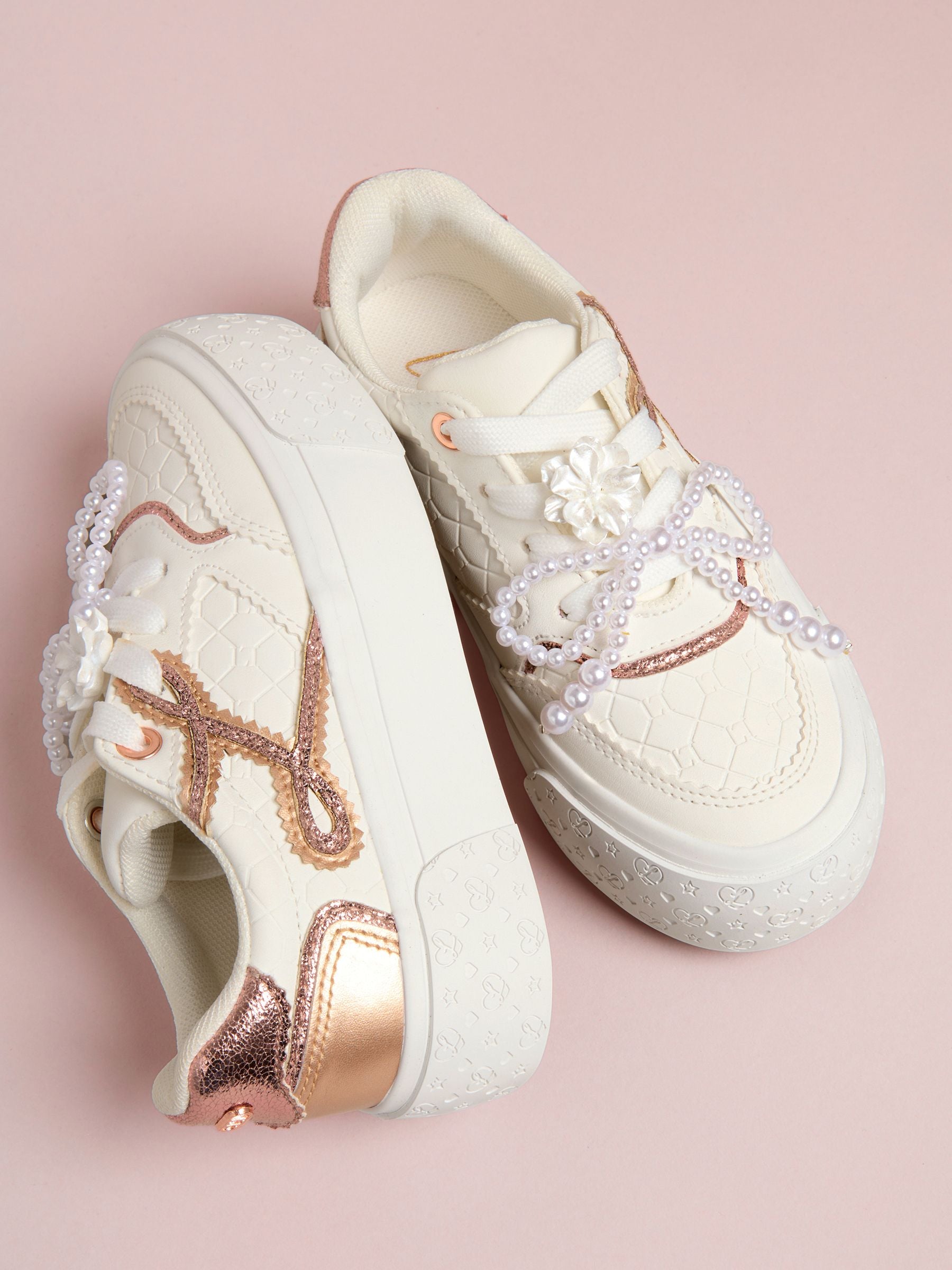 Lipsy White Pearl Flower Charm Detail Platform Sport Trainers image 3