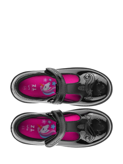 ToeZone Girls Patent Unicorn Rip Tape School Black Lilo Shoes image 7