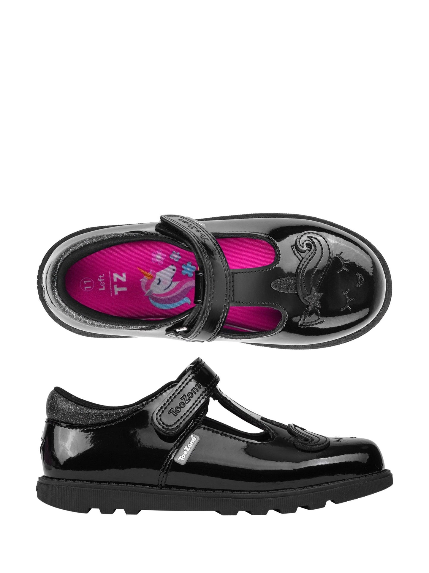ToeZone Girls Patent Unicorn Rip Tape School Black Lilo Shoes image 9