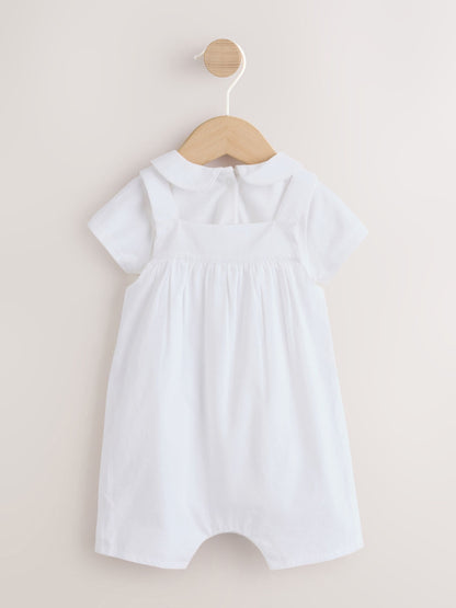 White Embroidered Bear Woven Dungaree and Bodysuit Baby Set (0mths-3yrs) image 3