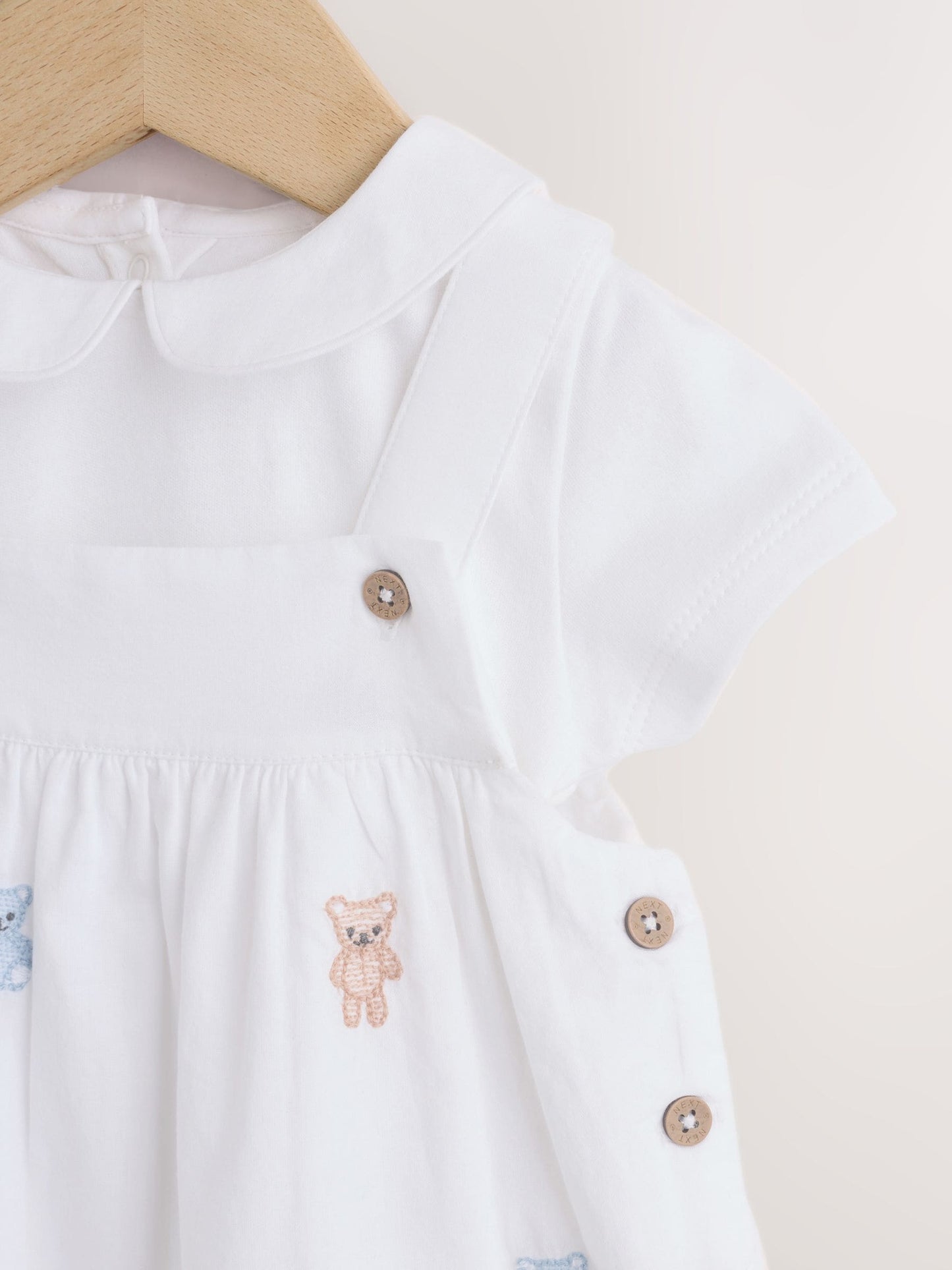 White Embroidered Bear Woven Dungaree and Bodysuit Baby Set (0mths-3yrs) image 4