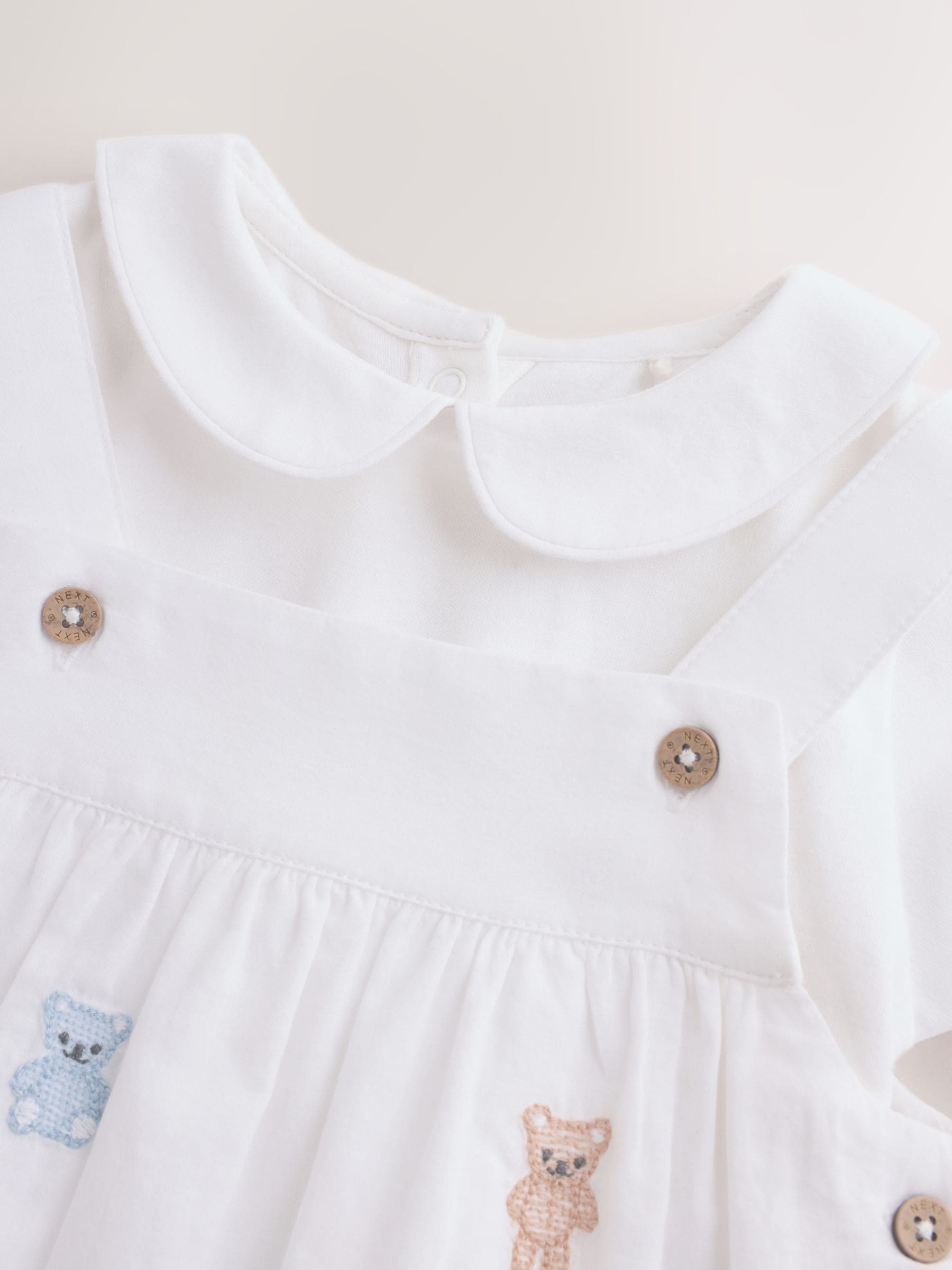 White Embroidered Bear Woven Dungaree and Bodysuit Baby Set (0mths-3yrs) image 5