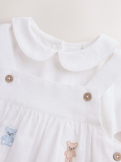 White Embroidered Bear Woven Dungaree and Bodysuit Baby Set (0mths-3yrs) image 5