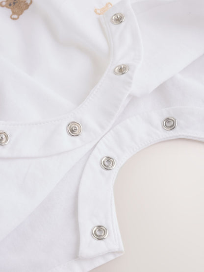 White Embroidered Bear Woven Dungaree and Bodysuit Baby Set (0mths-3yrs) image 7