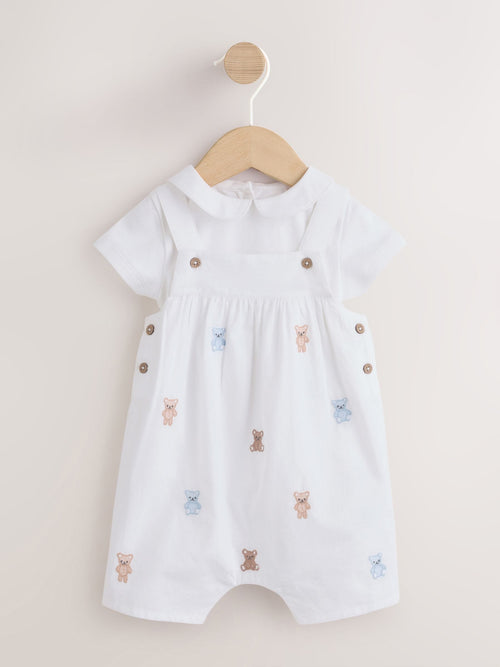 White Embroidered Bear Woven Dungaree and Bodysuit Baby Set (0mths-3yrs) image 1