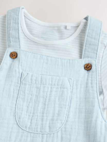 Pale Blue Woven Dungarees and Bodysuit Baby Set (0mths-2yrs) image 5
