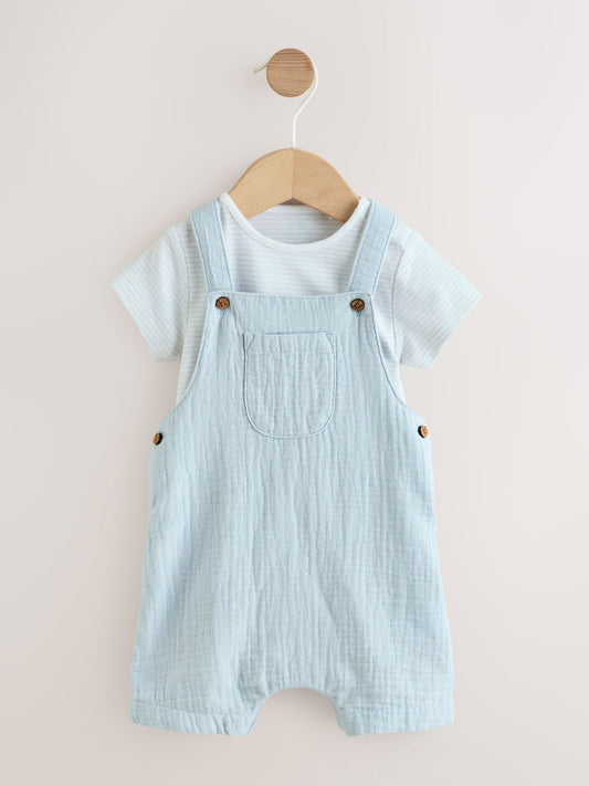 Pale Blue Woven Dungarees and Bodysuit Baby Set (0mths-2yrs) image 1