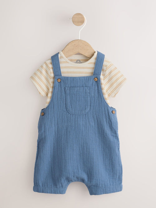 Mid Blue Woven Dungarees and Bodysuit Baby Set (0mths-2yrs) image 1