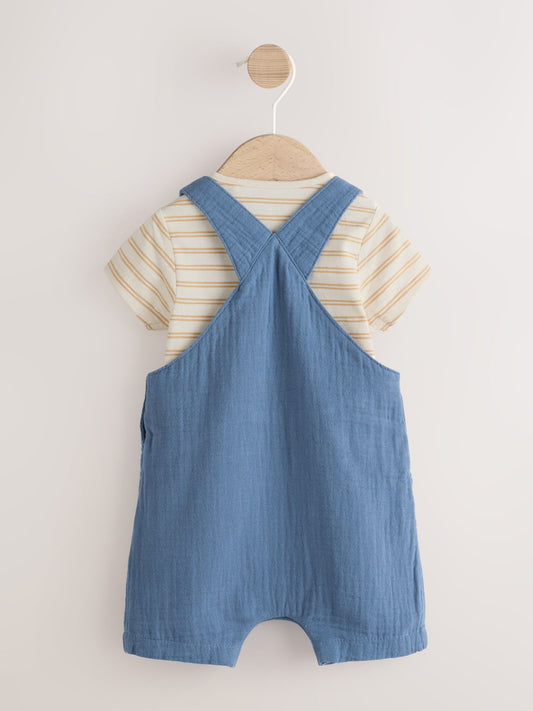 Mid Blue Woven Dungarees and Bodysuit Baby Set (0mths-2yrs) image 2