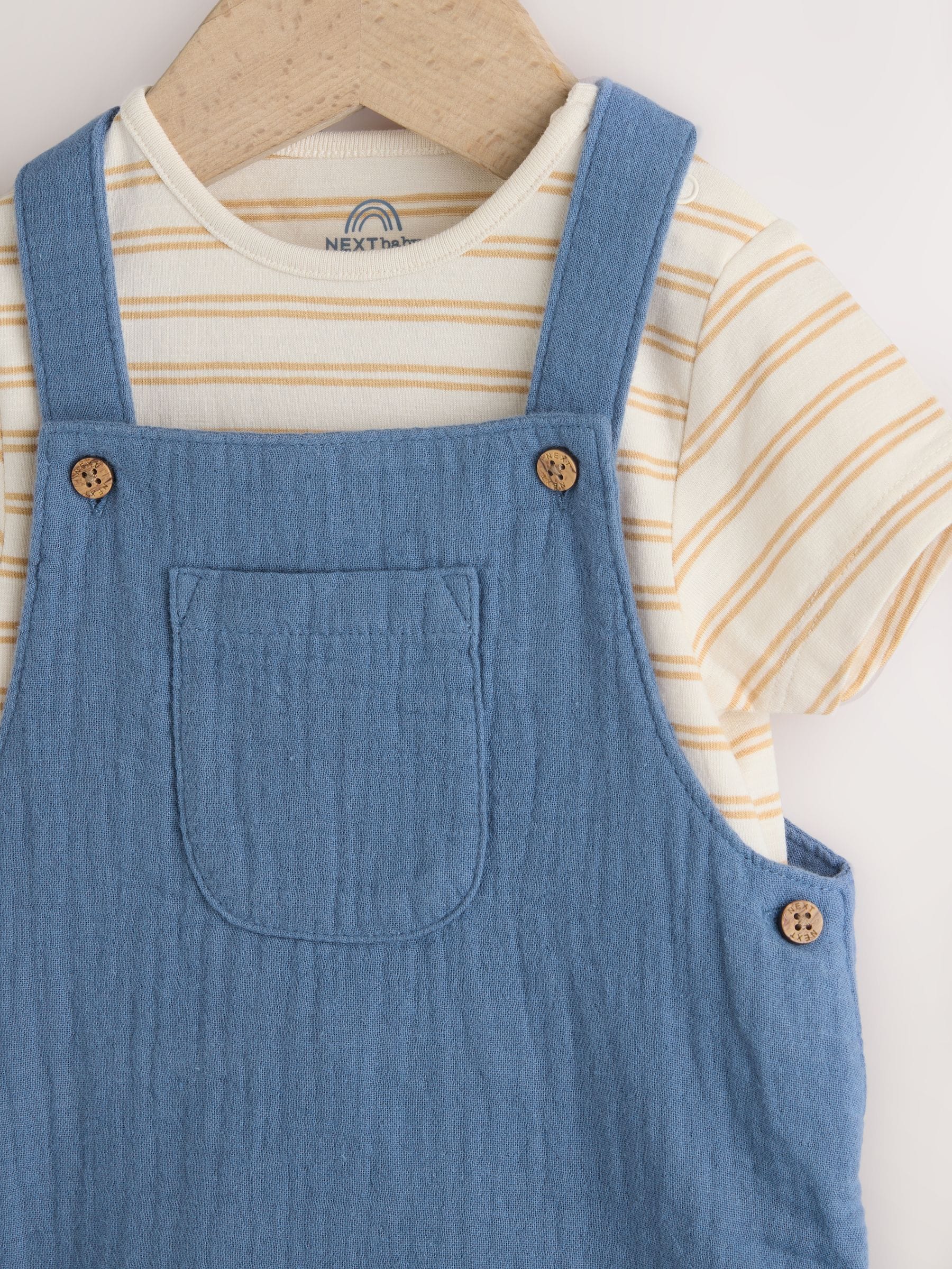Mid Blue Woven Dungarees and Bodysuit Baby Set (0mths-2yrs) image 4