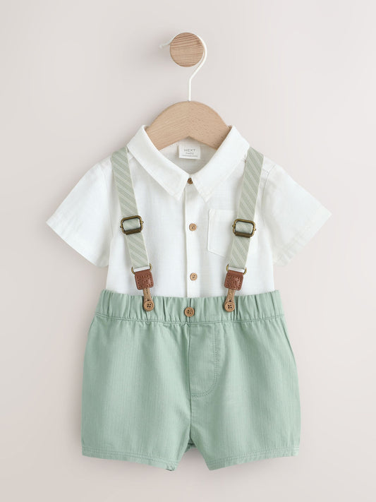 Sage Green Shirt Body Shorts and Braces Baby Set 3 Piece (0mths-2yrs) image 1