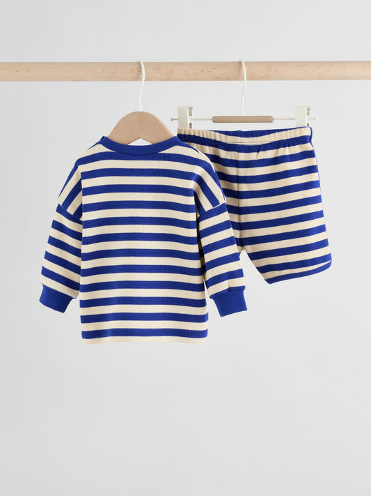 Blue Stripe Long Sleeve Top and Shorts Baby Set (0mths-2yrs) image 2