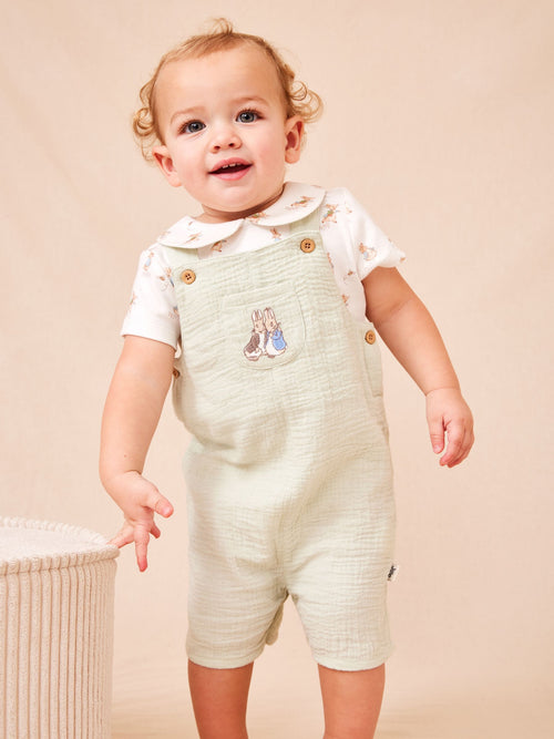 JoJo Maman Bébé Green Peter Rabbit™ Cheesecloth Dungaree & Body Set image 1