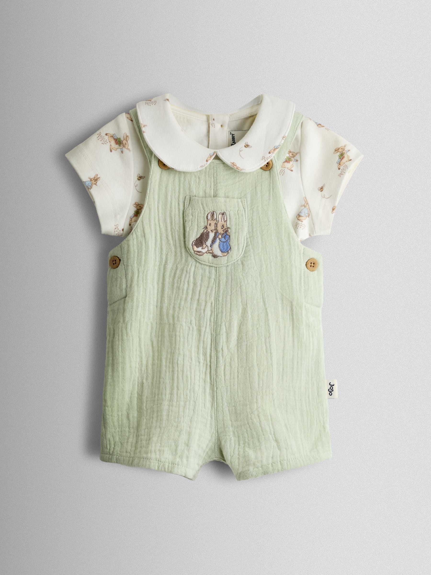JoJo Maman Bébé Green Peter Rabbit™ Cheesecloth Dungaree & Body Set image 2