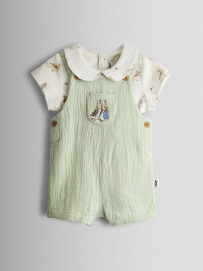 JoJo Maman Bébé Green Peter Rabbit™ Cheesecloth Dungaree & Body Set image 2