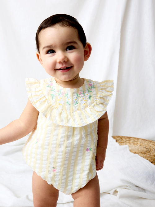 JoJo Maman Bébé Yellow Flower Embroidered Frill Stripe Romper image 1