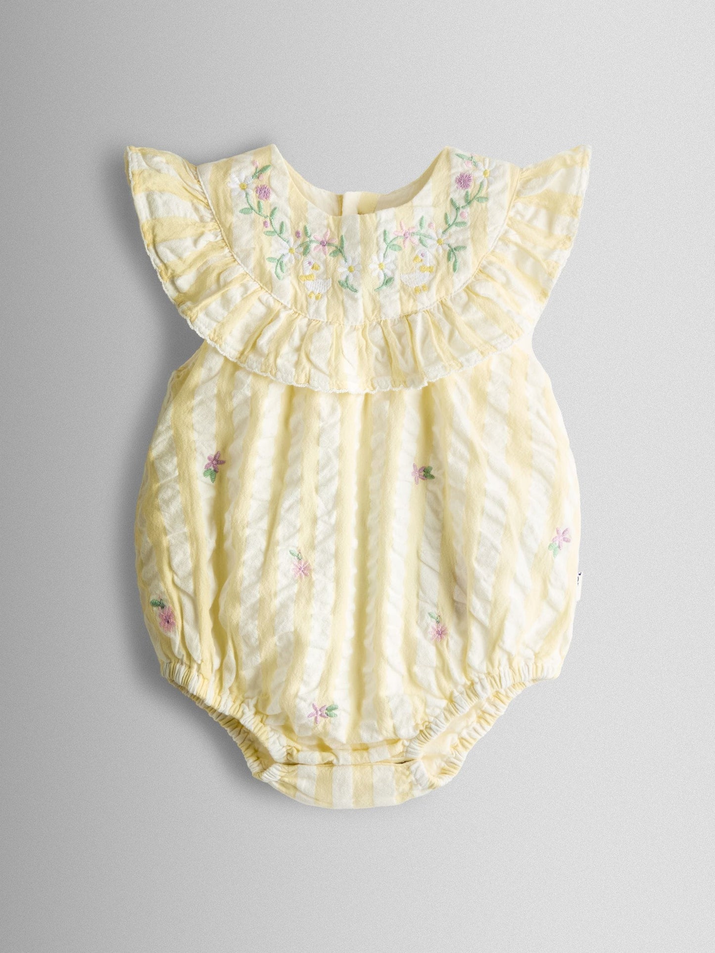 JoJo Maman Bébé Yellow Flower Embroidered Frill Stripe Romper image 3