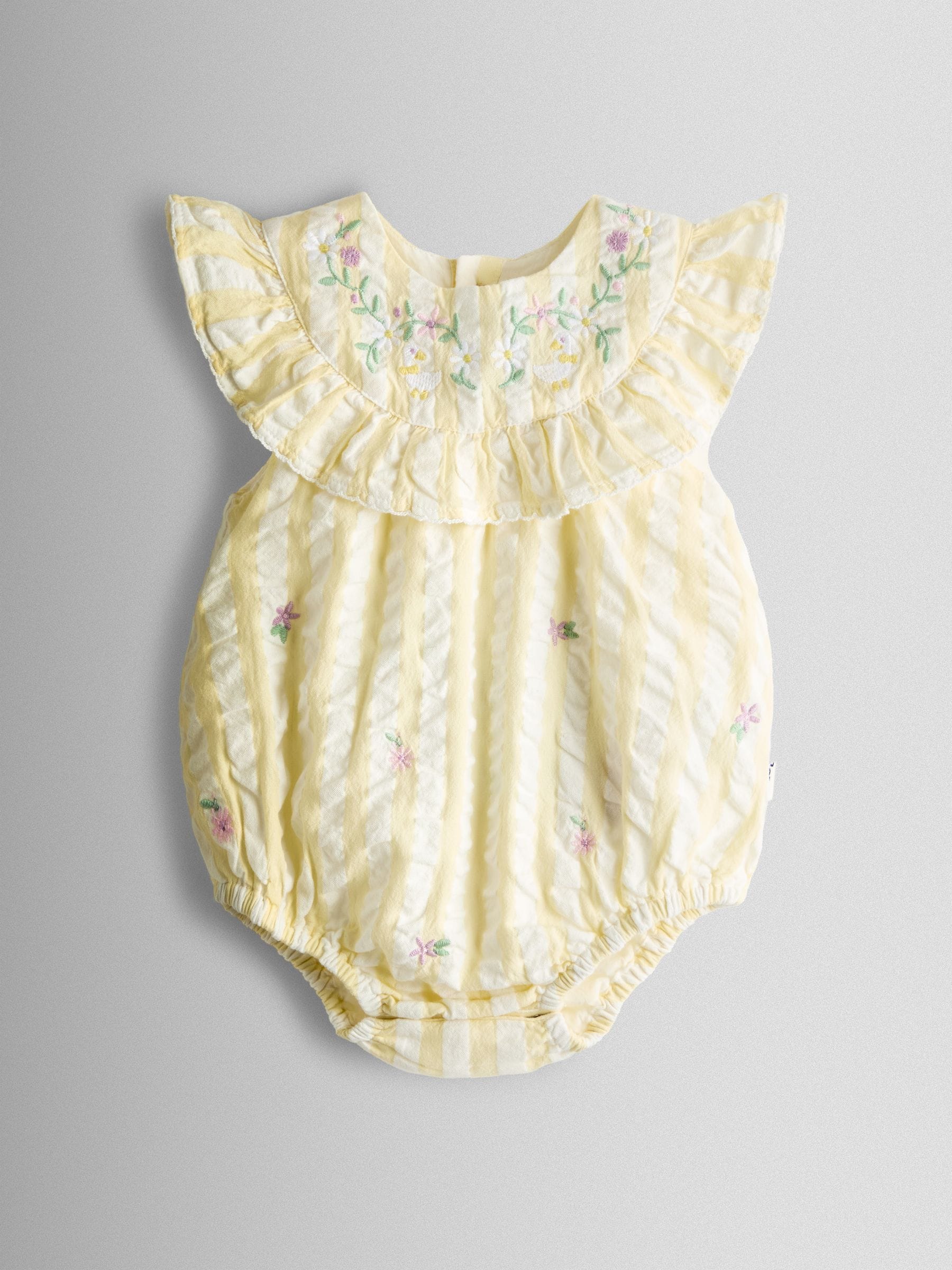 JoJo Maman Bébé Yellow Flower Embroidered Frill Stripe Romper image 3