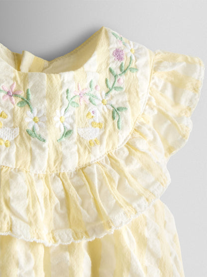 JoJo Maman Bébé Yellow Flower Embroidered Frill Stripe Romper image 5