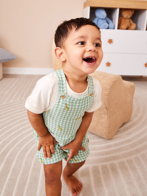 JoJo Maman Bébé Green Giraffe Checked Dungaree & Body Set image 1