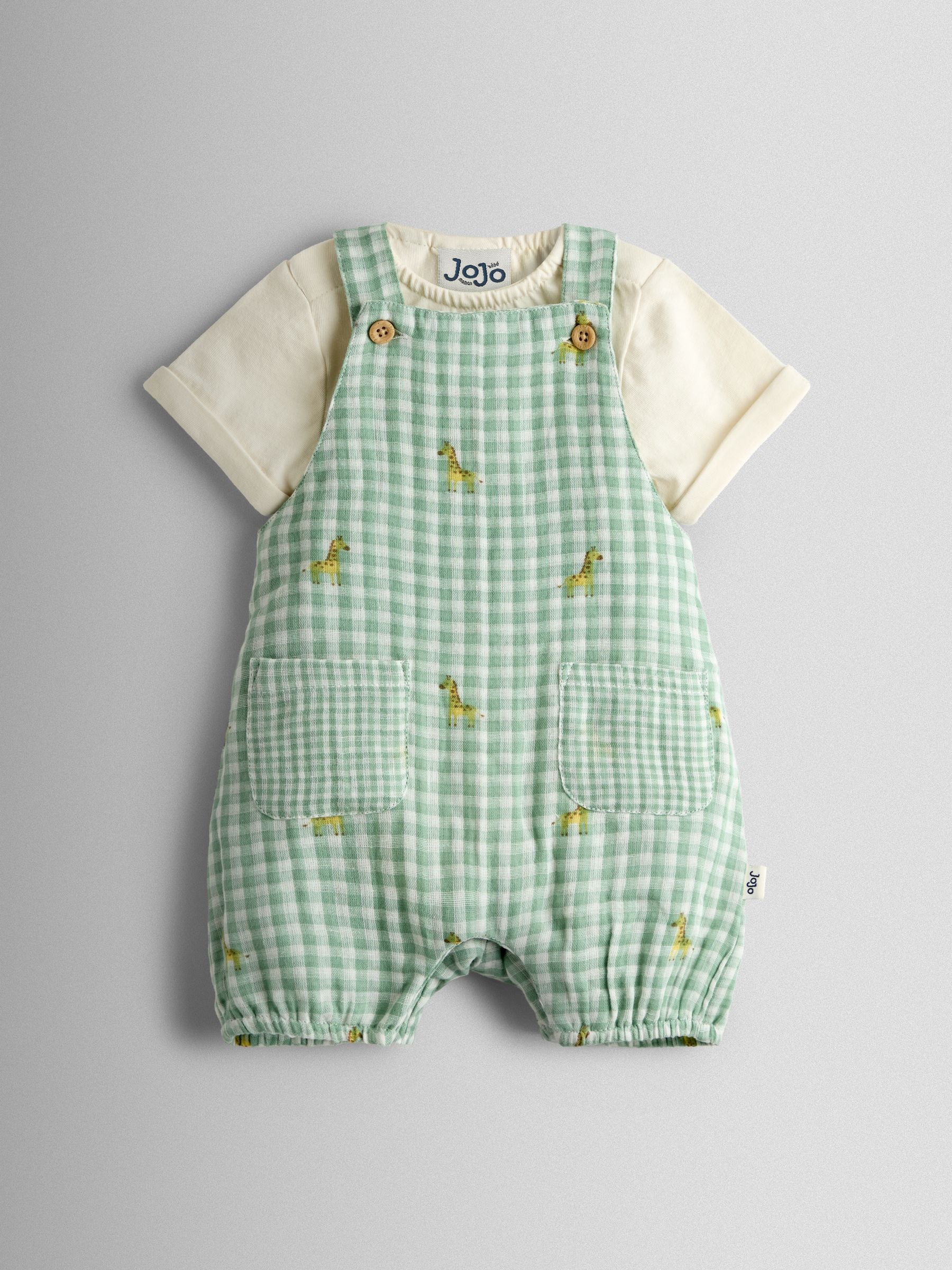 JoJo Maman Bébé Green Giraffe Checked Dungaree & Body Set image 2