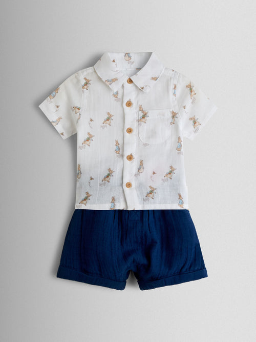 JoJo Maman Bébé Navy Peter Rabbit™ 2-Piece Shirt & Shorts Set image 1