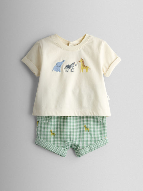 JoJo Maman Bébé Cream Safari Gingham Applique Top and Short Set image 1