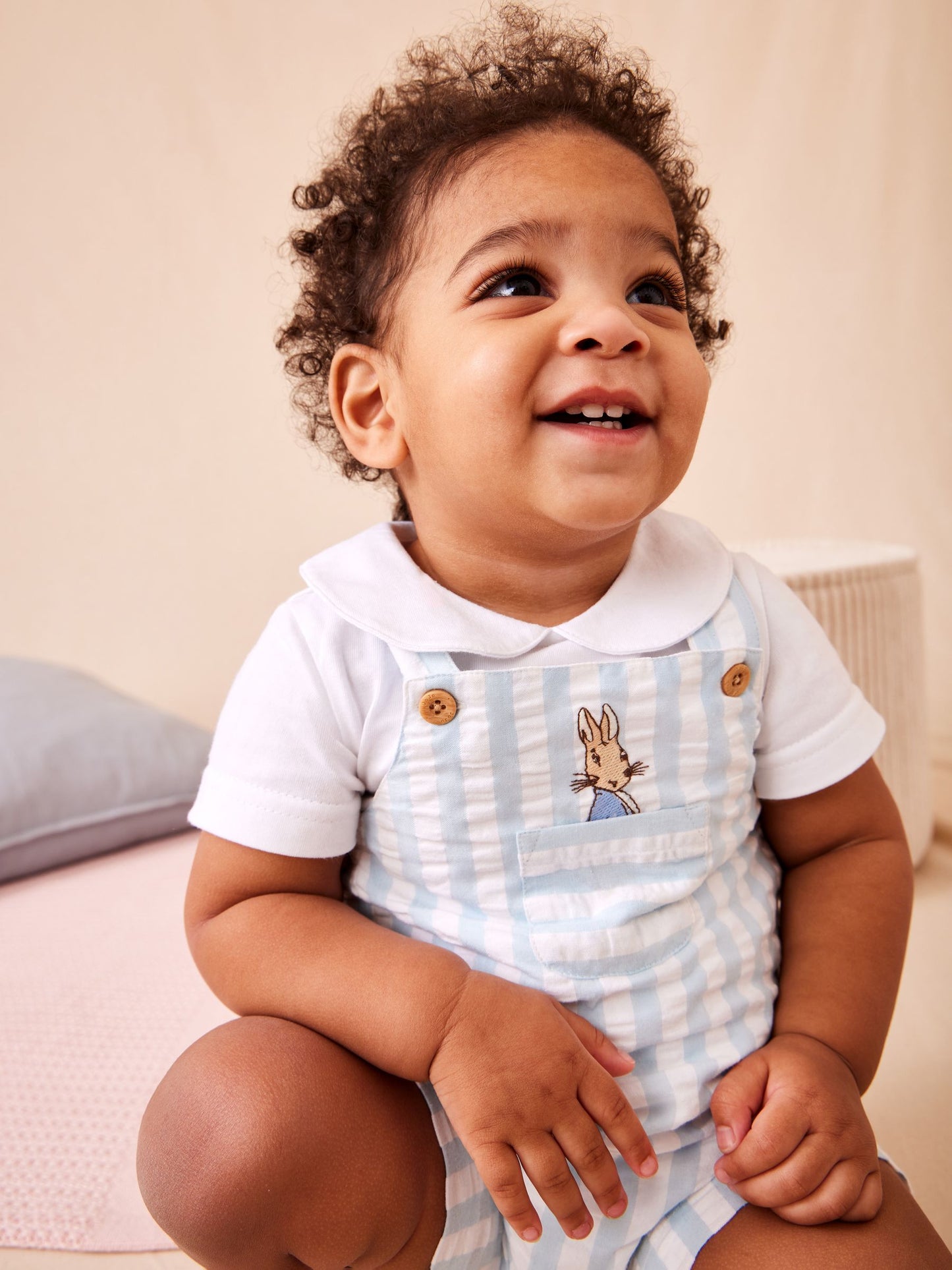 JoJo Maman Bébé Blue Peter Rabbit™ Stripe Dungaree, Body & Hat Set image 1