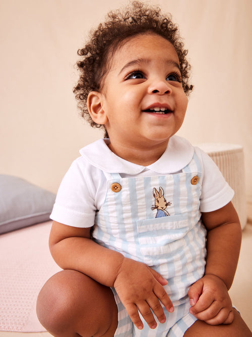 JoJo Maman Bébé Blue Peter Rabbit™ Stripe Dungaree, Body & Hat Set image 1