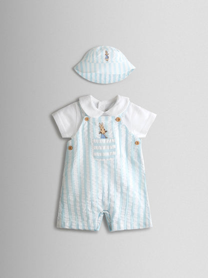 JoJo Maman Bébé Blue Peter Rabbit™ Stripe Dungaree, Body & Hat Set image 2