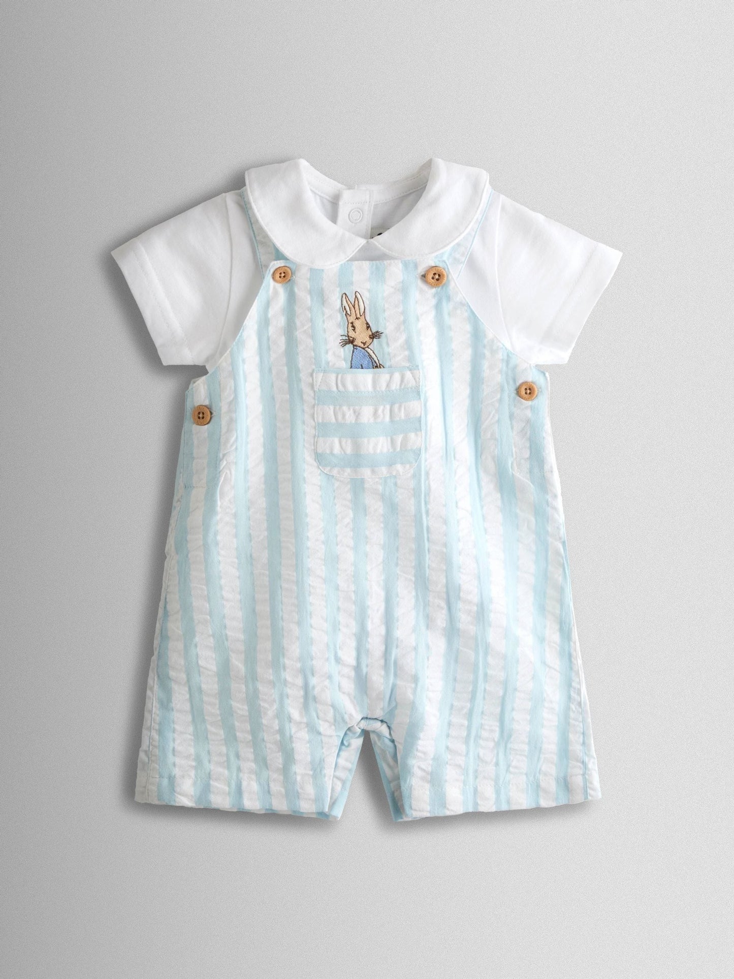 JoJo Maman Bébé Blue Peter Rabbit™ Stripe Dungaree, Body & Hat Set image 3