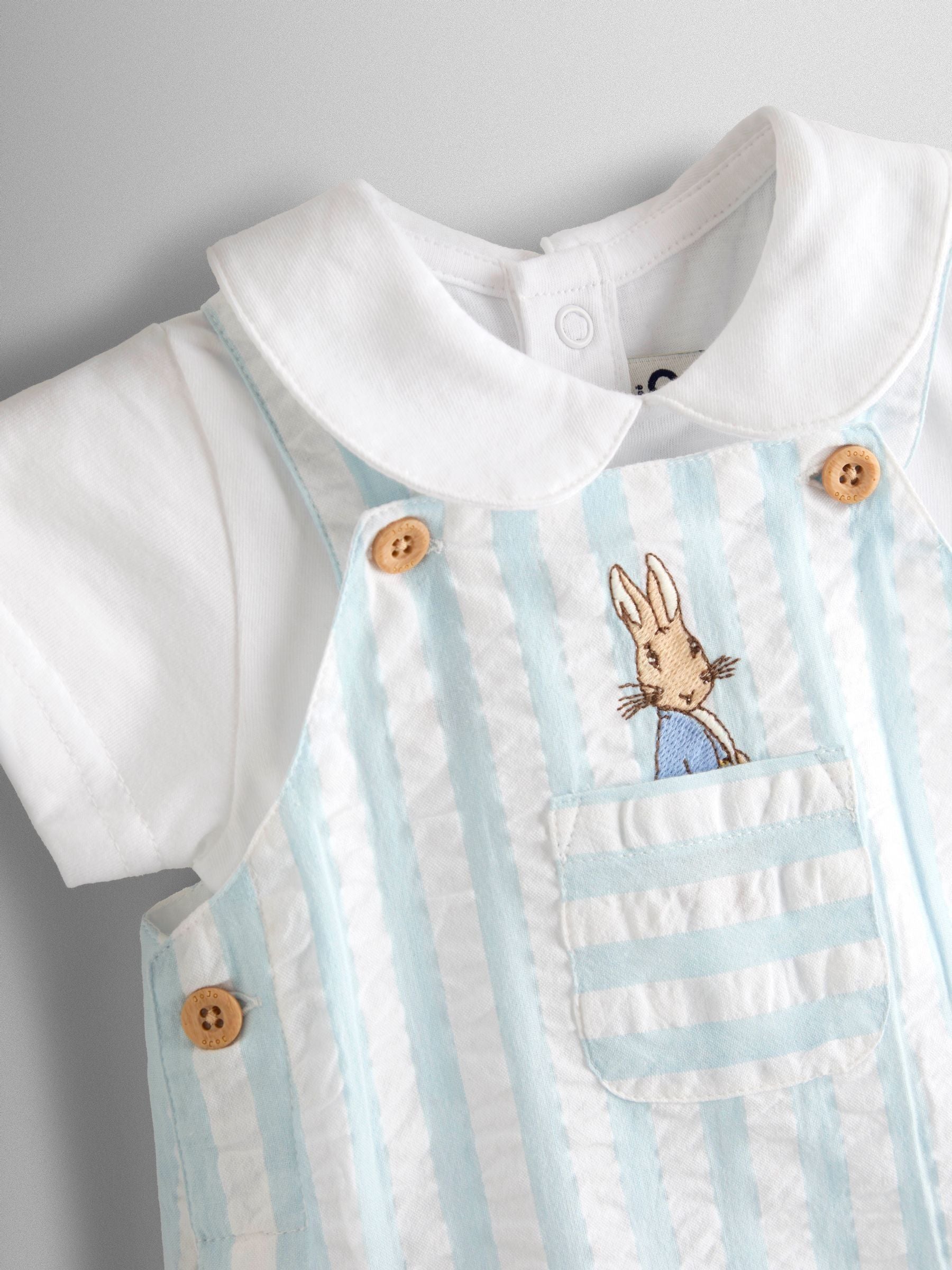 JoJo Maman Bébé Blue Peter Rabbit™ Stripe Dungaree, Body & Hat Set image 4