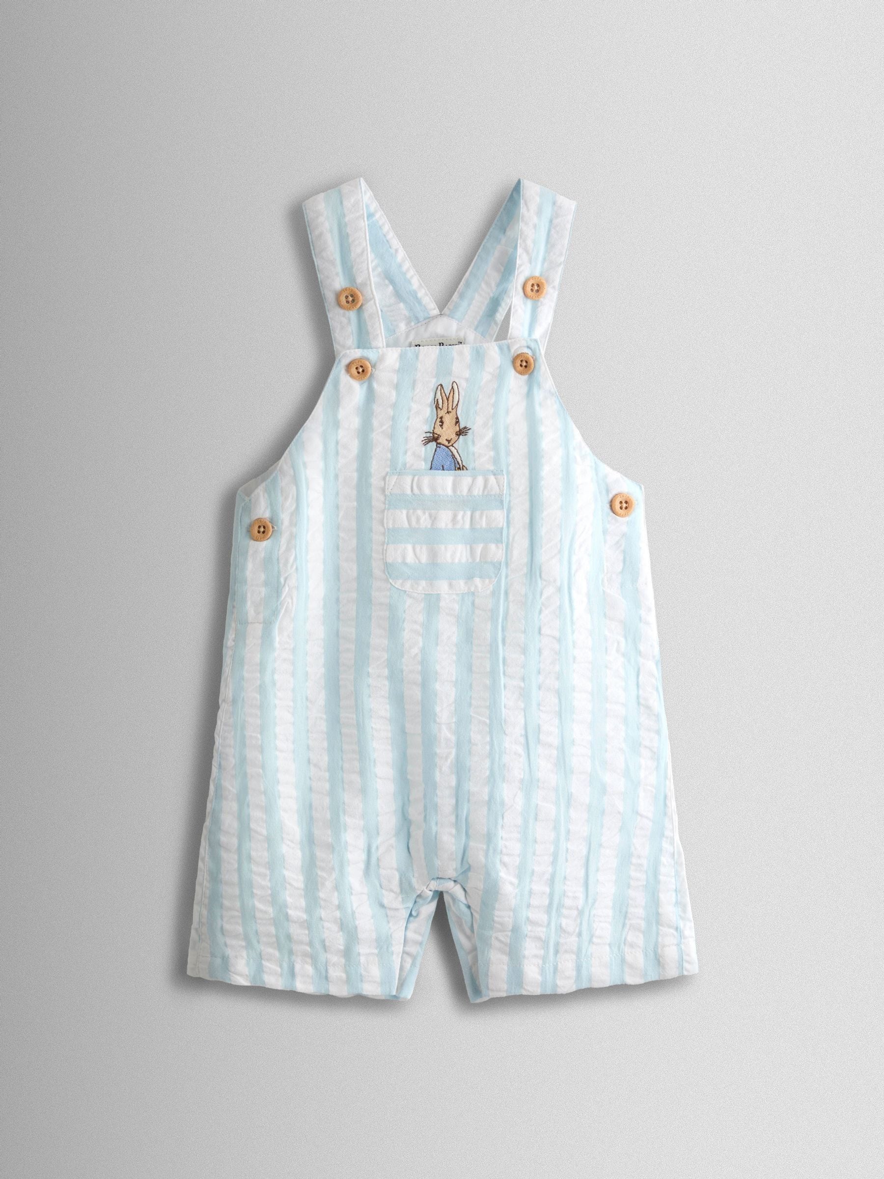 JoJo Maman Bébé Blue Peter Rabbit™ Stripe Dungaree, Body & Hat Set image 5