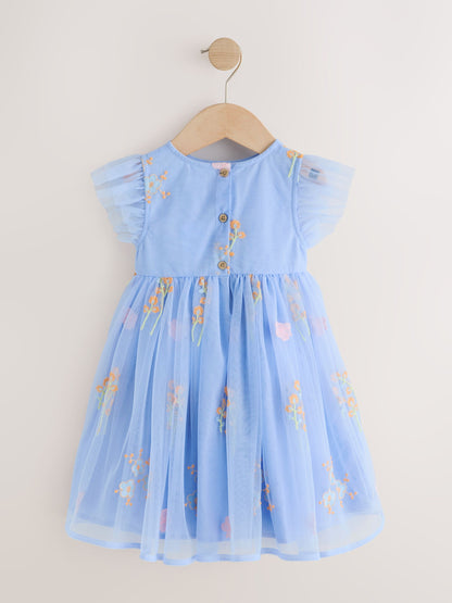 Blue Embroidered Mesh Dress (3mths-7yrs) image 6
