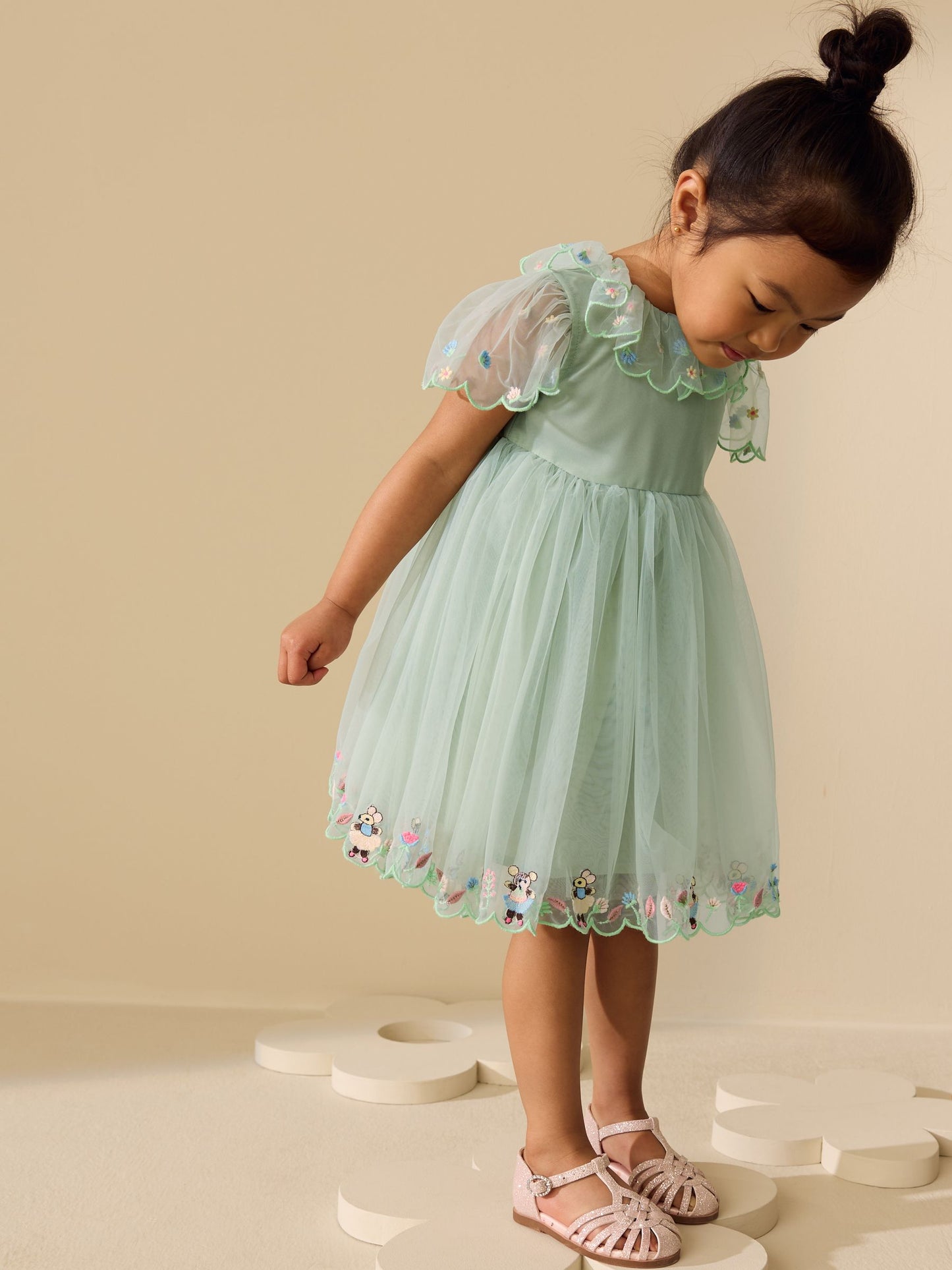 Green Embroidered Mesh Dress (3mths-7yrs) image 3