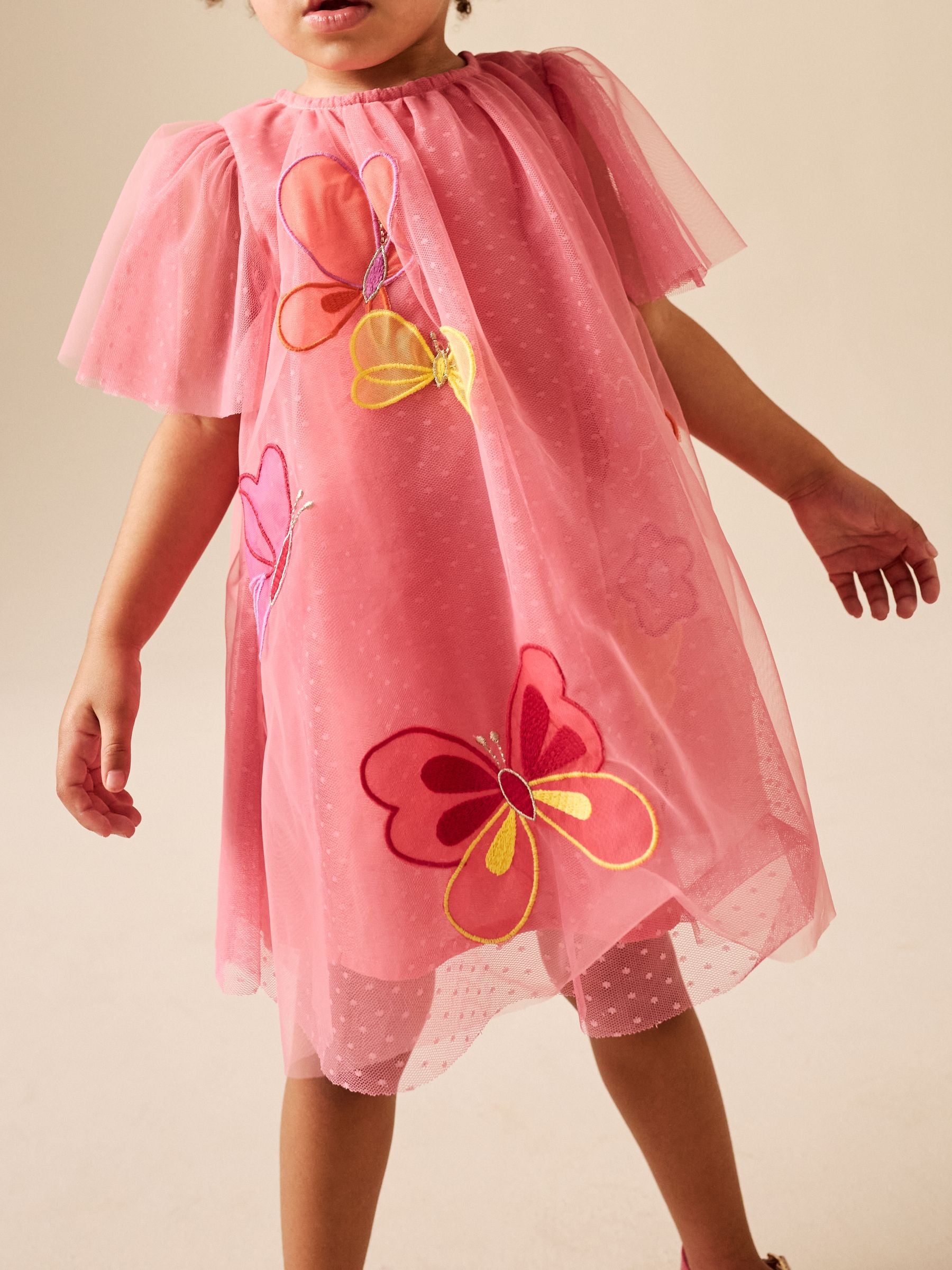 Coral Butterfly Angel Sleeve Mesh Dress (3mths-7yrs) image 4