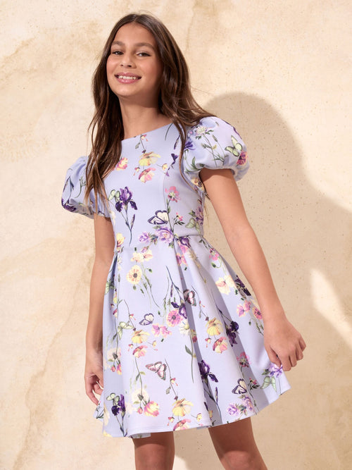Dsiney Kidz - Lipsy Lilac Purple Floral Scuba Puff Sleeve Occasion Dress (5-16yrs) image 1