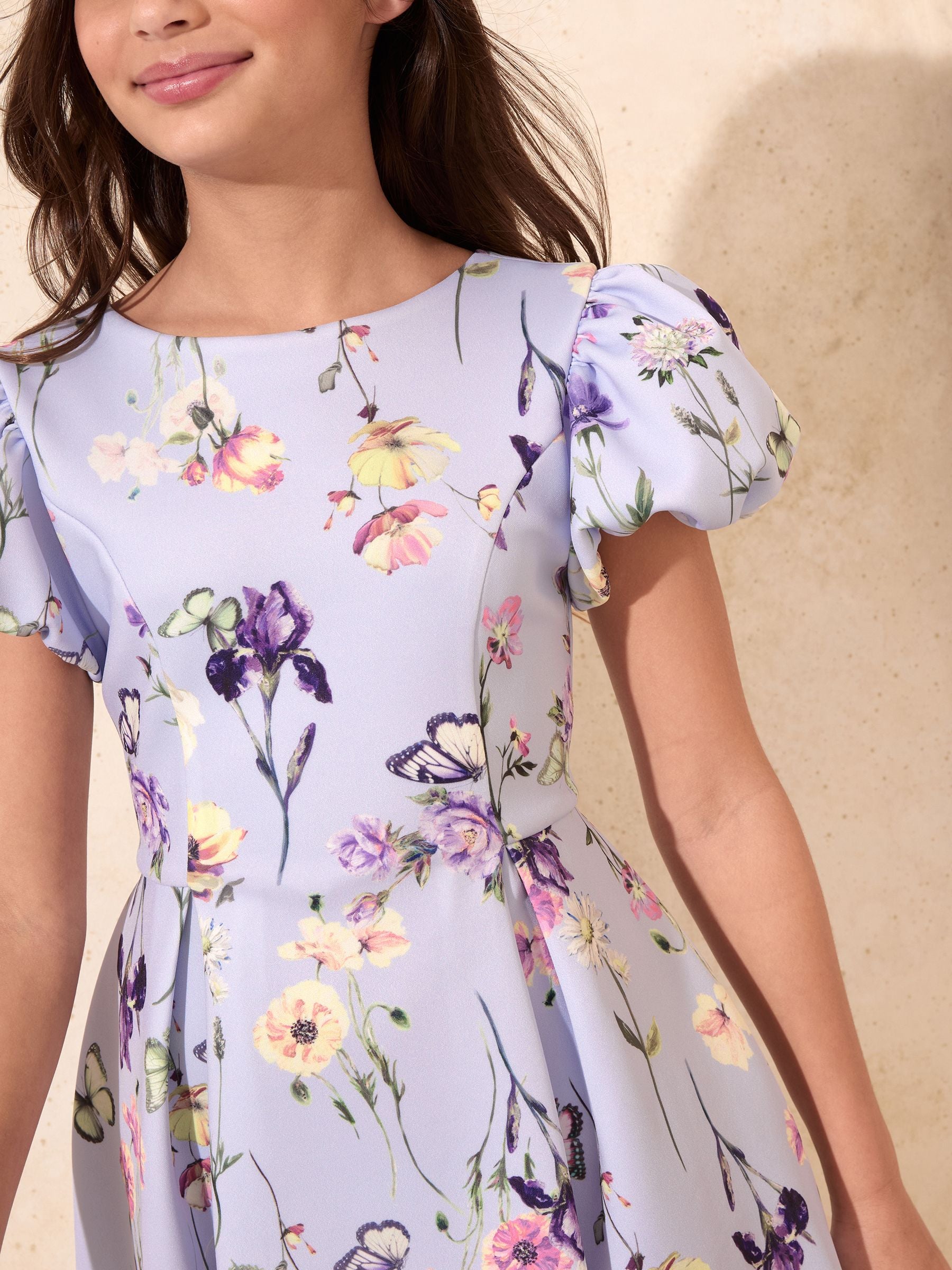 Lipsy Lilac Purple Floral Scuba Puff Sleeve Occasion Dress (5-16yrs) image 3