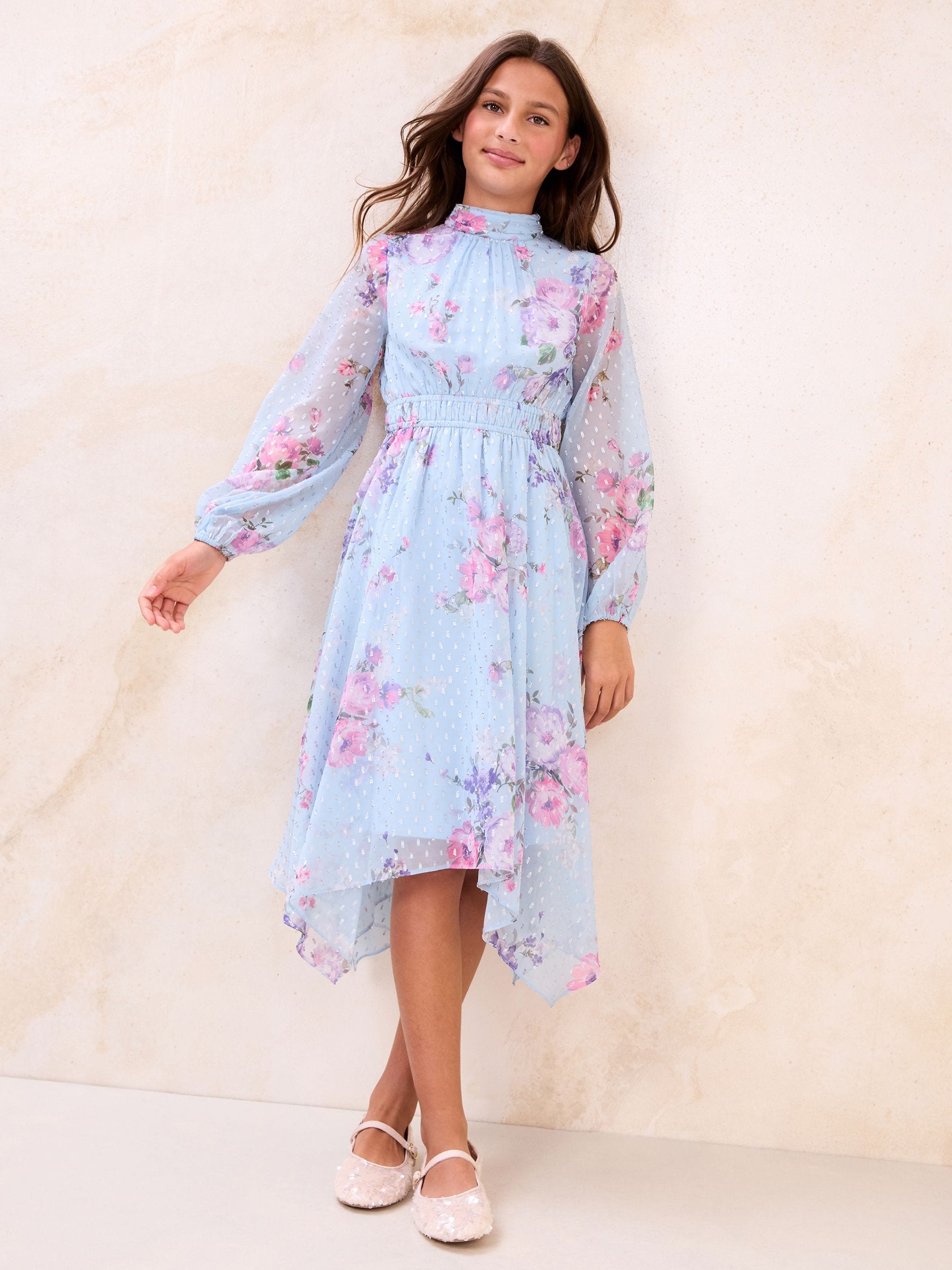Lipsy Blue Floral Long Sleeve Hanky Hem Occasion Dress (5-16yrs) image 1