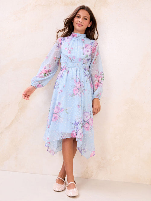 Lipsy Blue Floral Long Sleeve Hanky Hem Occasion Dress (5-16yrs) image 1