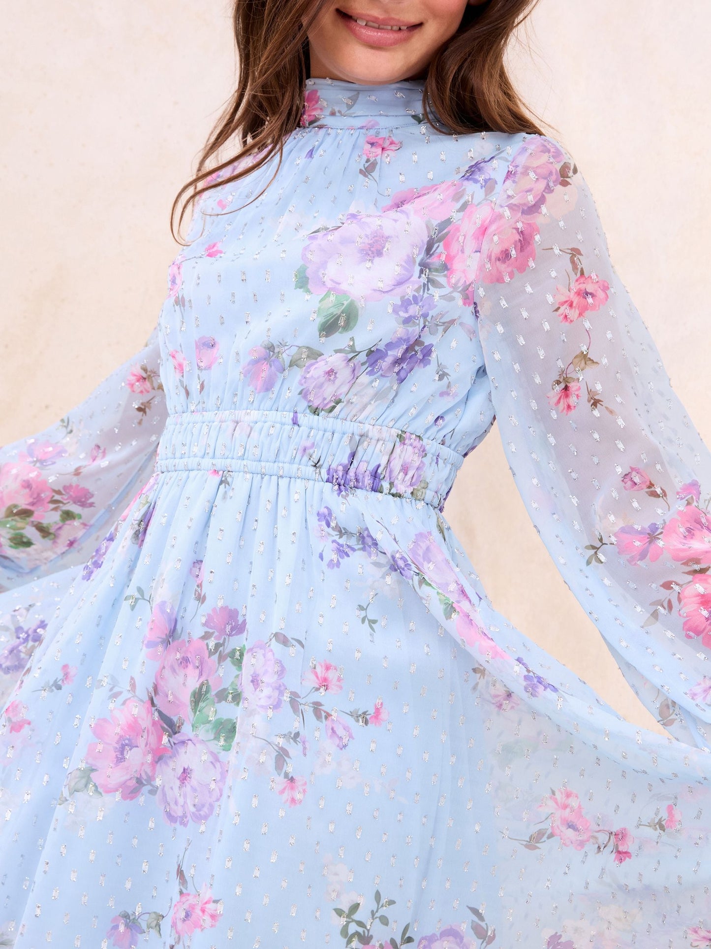 Lipsy Blue Floral Long Sleeve Hanky Hem Occasion Dress (5-16yrs) image 2