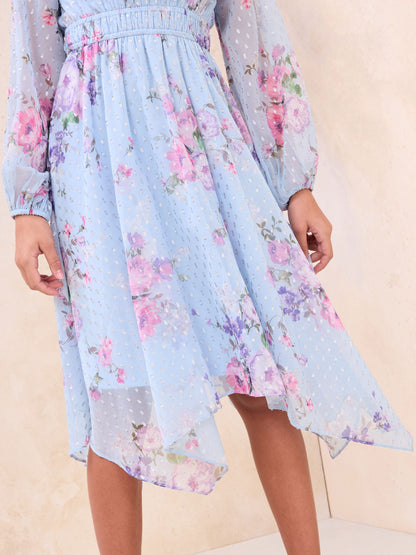 Lipsy Blue Floral Long Sleeve Hanky Hem Occasion Dress (5-16yrs) image 3