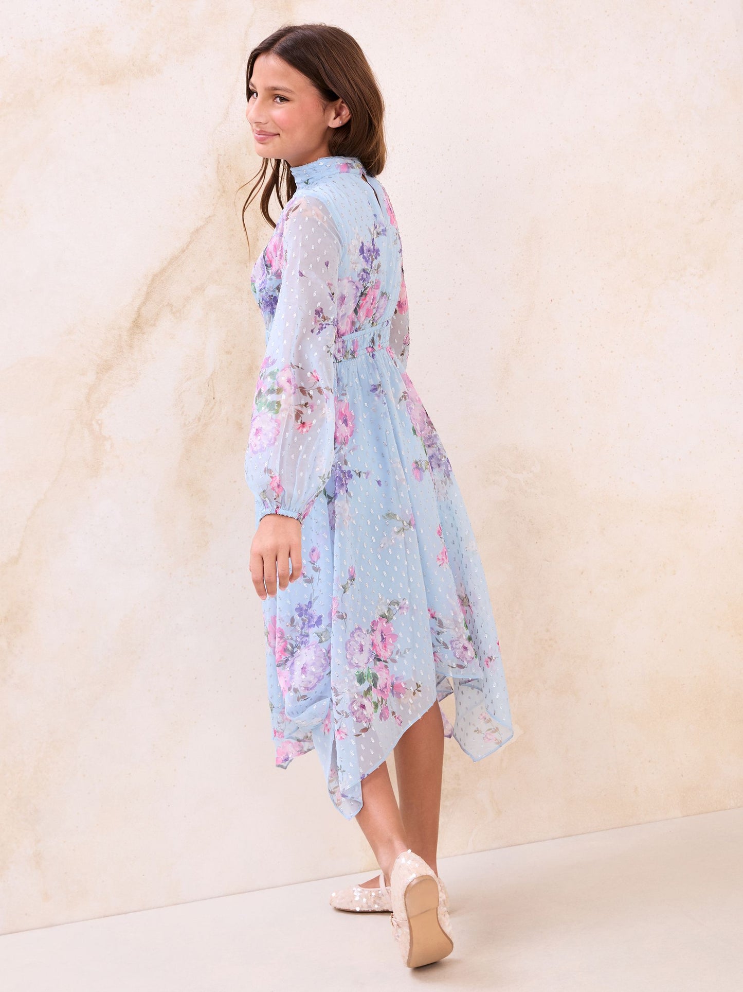 Lipsy Blue Floral Long Sleeve Hanky Hem Occasion Dress (5-16yrs) image 4