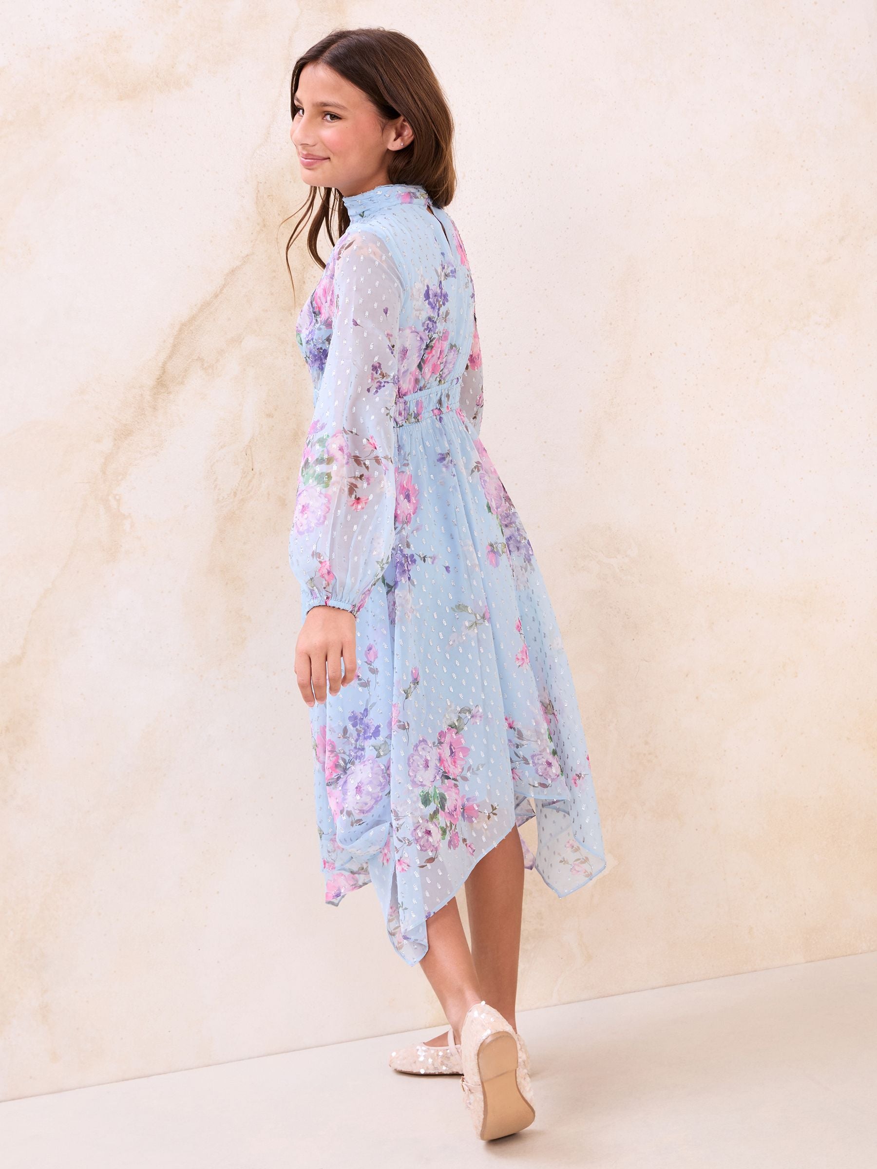 Lipsy Blue Floral Long Sleeve Hanky Hem Occasion Dress (5-16yrs) image 4