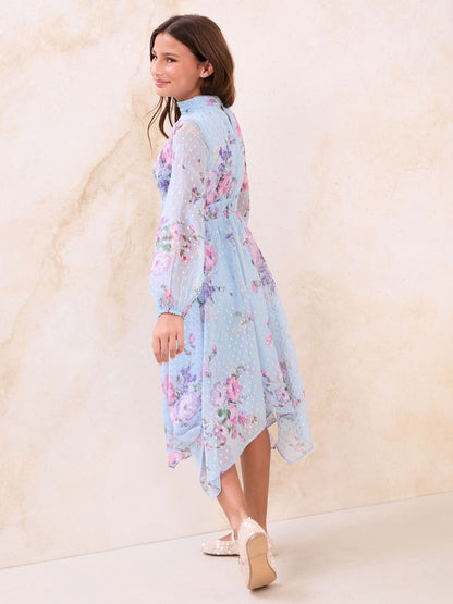 Lipsy Blue Floral Long Sleeve Hanky Hem Occasion Dress (5-16yrs) image 4