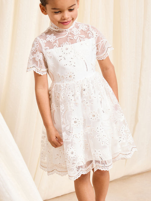 Lipsy White Sequin Lace Occasion Dress (5-16yrs) image 1