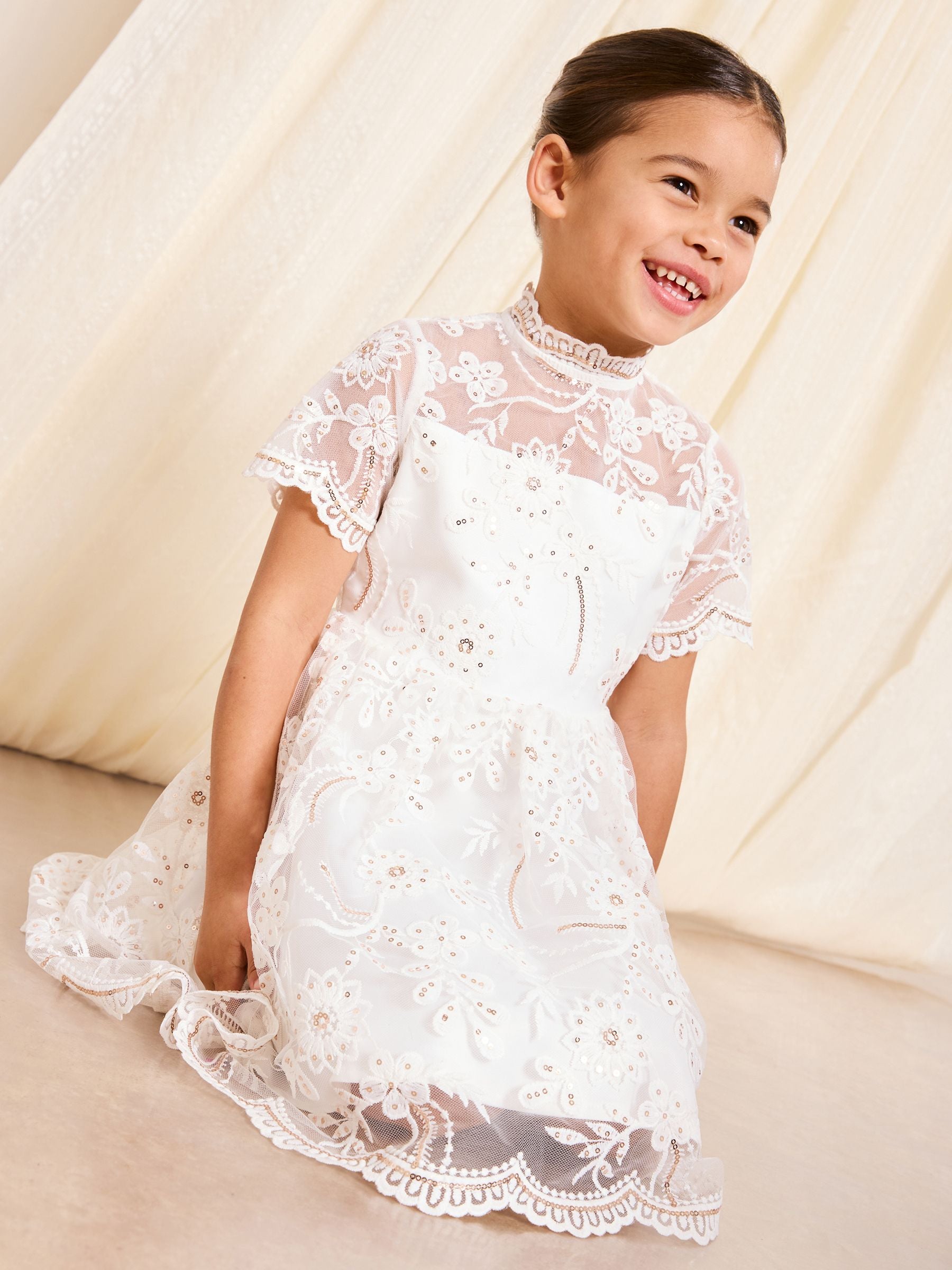 Lipsy White Sequin Lace Occasion Dress (5-16yrs) image 4