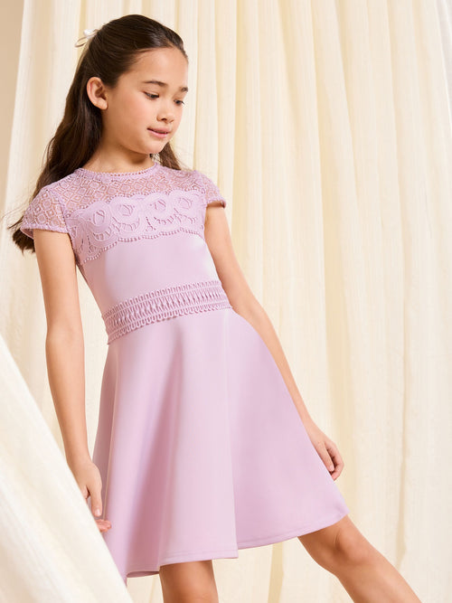 Dsiney Kidz - Lipsy Lilac Purple Bow Lace Scuba Occasion Dress (5-16yrs) image 1