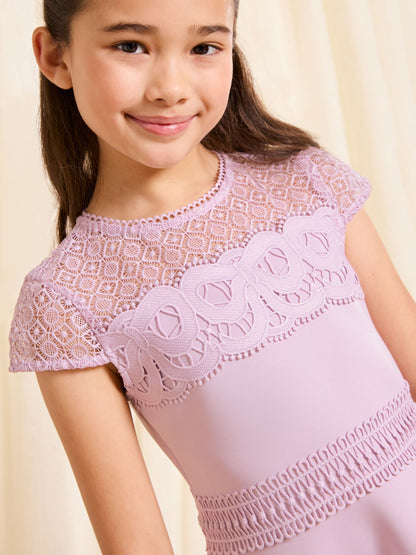 Lipsy Lilac Purple Bow Lace Scuba Occasion Dress (5-16yrs) image 2